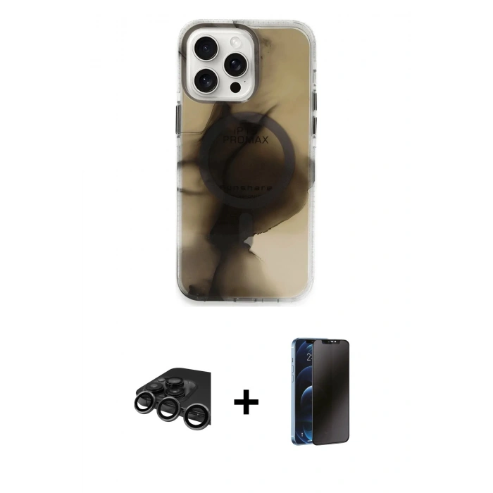 MARSİLYAN™- iPhone 15 Pro Max Kılıf Ufuk Doku Prime - Siyah 3D Antistatik Hayalet Cam Ekran Koruyucu + Raze Metal Kamera Lens - TMGI