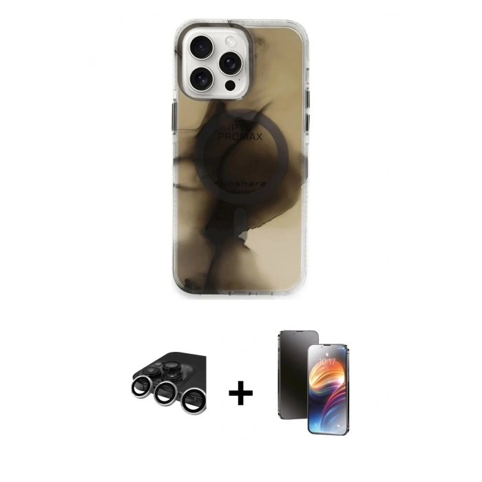 MARSİLYAN™- iPhone 15 Pro Max Kılıf Ufuk Doku Prime - Siyah 3D Antistatik Mat Seramik Nano Ekran Koruyucu + Raze Metal Kamera Lens - GS