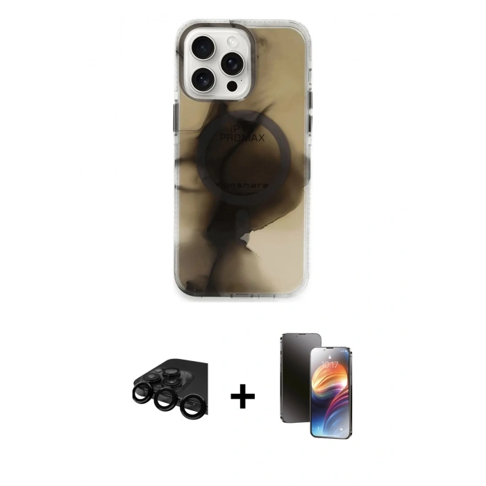 MARSİLYAN™- iPhone 15 Pro Max Kılıf Ufuk Doku Prime - Siyah 3D Antistatik Mat Seramik Nano Ekran Koruyucu + Siyah Raze Metal Kamera Lens