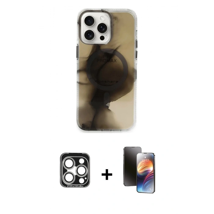 MARSİLYAN™- iPhone 15 Pro Max Kılıf Ufuk Doku Prime - Siyah 3D Antistatik Mat Seramik Nano Ekran Koruyucu + PVD Metal Kamera Lens - GS