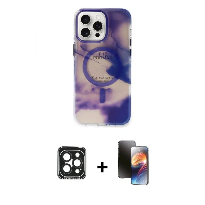 MARSİLYAN™- iPhone 15 Pro Max Kılıf Ufuk Doku Prime - Siyah 3D Antistatik Mat Seramik Nano Ekran Koruyucu + PVD Metal Kamera Lens - SH