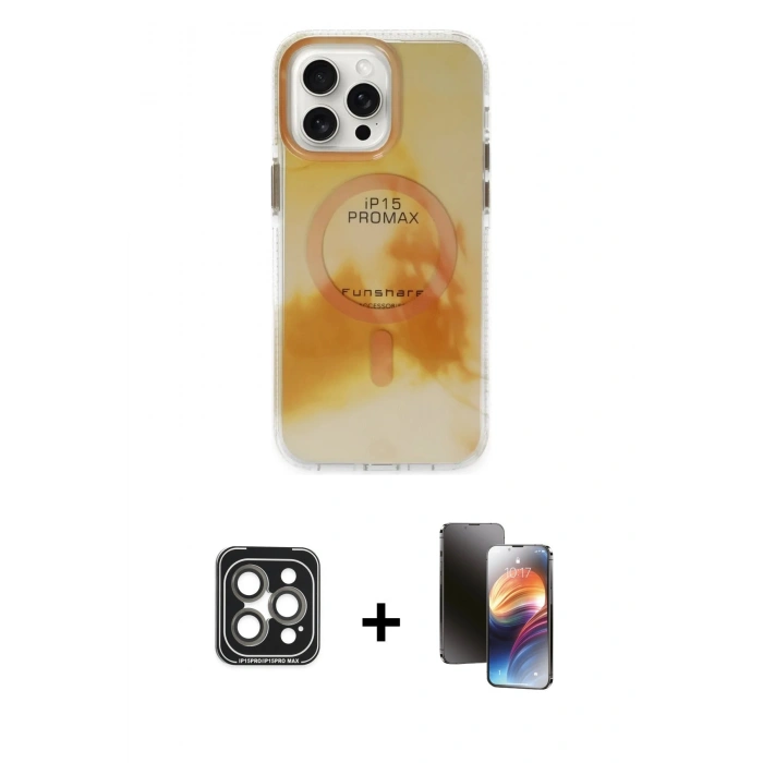 MARSİLYAN™- iPhone 15 Pro Max Kılıf Ufuk Doku Prime - Siyah 3D Antistatik Mat Seramik Nano Ekran Koruyucu + PVD Metal Kamera Lens - GI