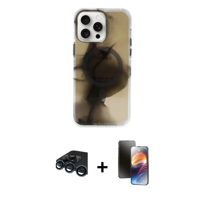MARSİLYAN™- iPhone 15 Pro Max Kılıf Ufuk Doku Prime - Siyah 3D Antistatik Mat Seramik Nano Ekran Koruyucu + Raze Metal Kamera Lens - LT