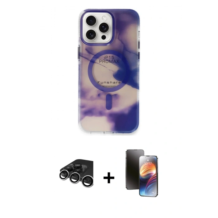 MARSİLYAN™- iPhone 15 Pro Max Kılıf Ufuk Doku Prime - Siyah 3D Antistatik Mat Seramik Nano Ekran Koruyucu + Raze Metal Kamera Lens - GS