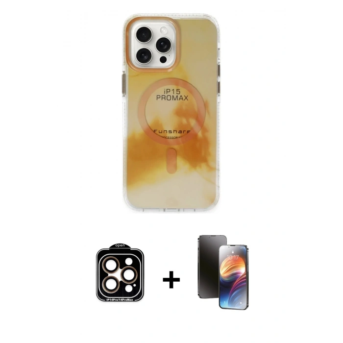 MARSİLYAN™- iPhone 15 Pro Max Kılıf Ufuk Doku Prime - Siyah 3D Antistatik Mat Seramik Nano Ekran Koruyucu + PVD Metal Kamera Lens - TU