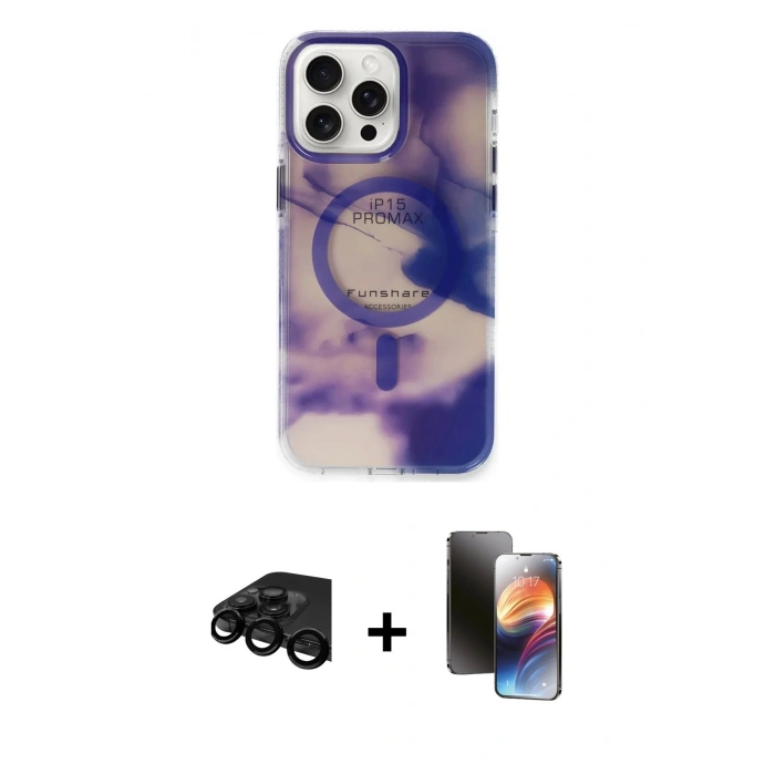 MARSİLYAN™- iPhone 15 Pro Max Kılıf Ufuk Doku Prime - Siyah 3D Antistatik Mat Seramik Nano Ekran Koruyucu + Siyah Raze Metal Kamera Lens