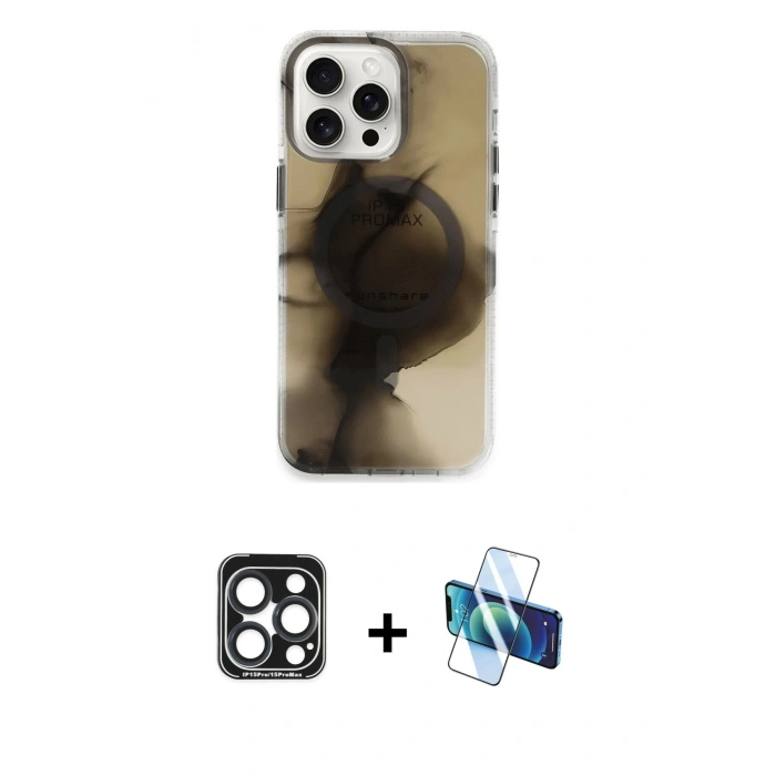 MARSİLYAN™- iPhone 15 Pro Max Kılıf Ufuk Doku Prime - Siyah 3D Antistatik Seramik Nano Ekran Koruyucu + PVD Metal Kamera Lens - LT