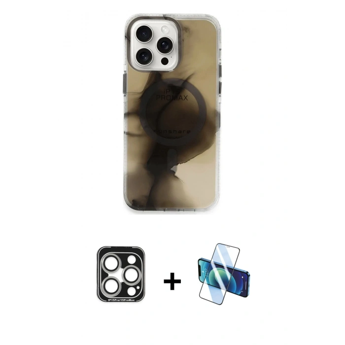 MARSİLYAN™- iPhone 15 Pro Max Kılıf Ufuk Doku Prime - Siyah 3D Antistatik Seramik Nano Ekran Koruyucu + PVD Metal Kamera Lens - GS
