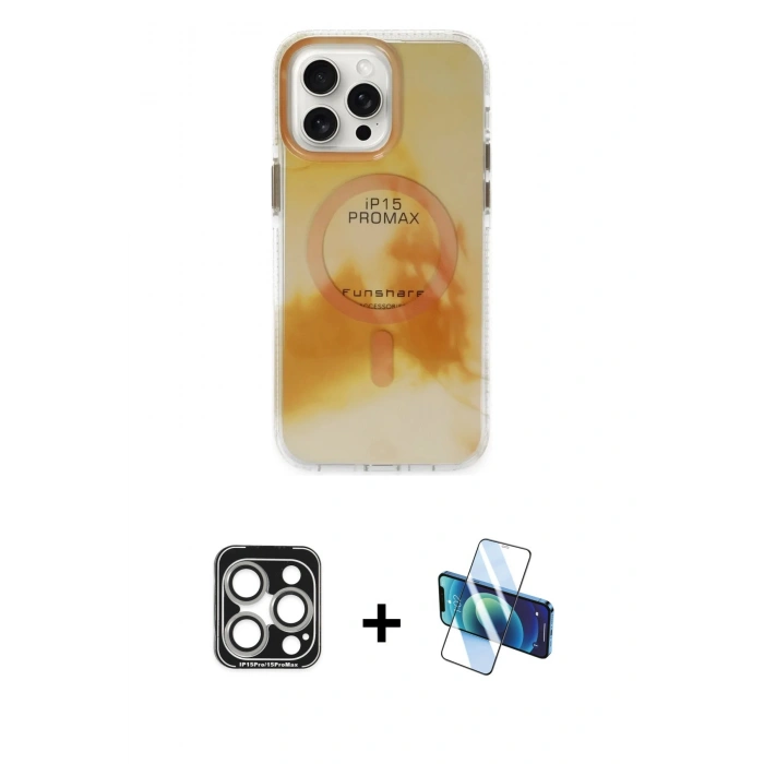 MARSİLYAN™- iPhone 15 Pro Max Kılıf Ufuk Doku Prime - Siyah 3D Antistatik Seramik Nano Ekran Koruyucu + PVD Metal Kamera Lens - GS