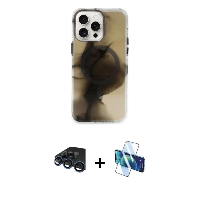 MARSİLYAN™- iPhone 15 Pro Max Kılıf Ufuk Doku Prime - Siyah 3D Antistatik Seramik Nano Ekran Koruyucu + Raze Metal Kamera Lens - LT