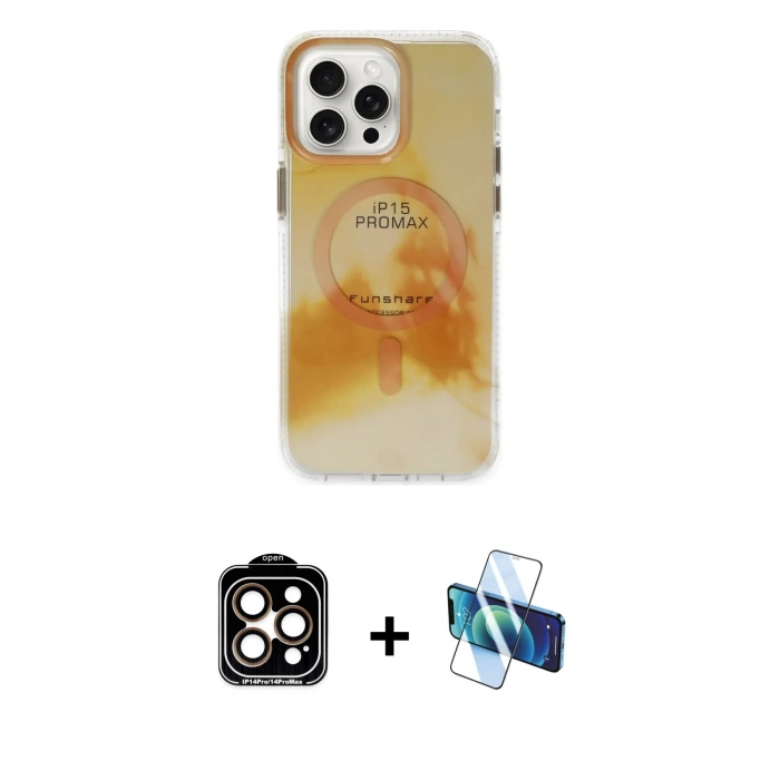 MARSİLYAN™- iPhone 15 Pro Max Kılıf Ufuk Doku Prime - Siyah 3D Antistatik Seramik Nano Ekran Koruyucu + PVD Metal Kamera Lens - TU