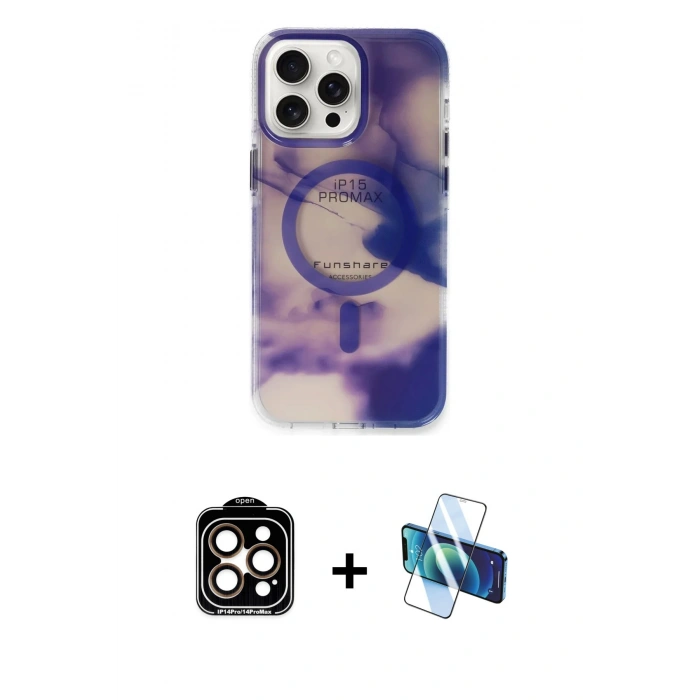 MARSİLYAN™- iPhone 15 Pro Max Kılıf Ufuk Doku Prime - Siyah 3D Antistatik Seramik Nano Ekran Koruyucu + PVD Metal Kamera Lens - TU