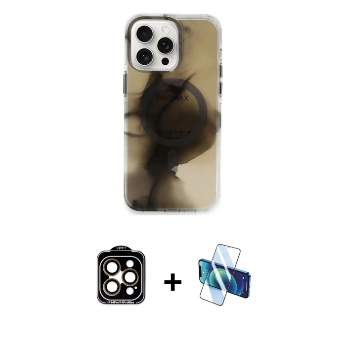 MARSİLYAN™- iPhone 15 Pro Max Kılıf Ufuk Doku Prime - Siyah 3D Antistatik Seramik Nano Ekran Koruyucu + PVD Metal Kamera Lens - TU