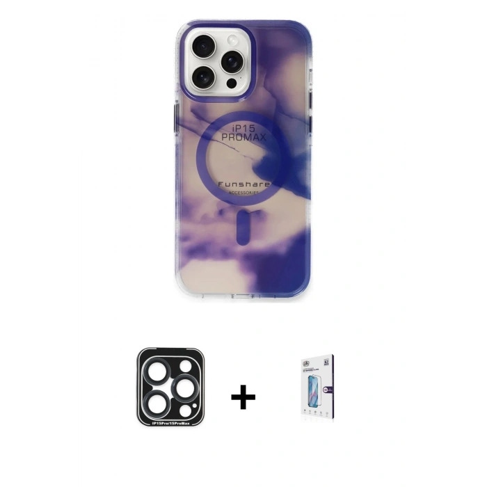 MARSİLYAN™- iPhone 15 Pro Max Kılıf Ufuk Doku Prime - Siyah Bilvis 0.18mm Plus Cam Ekran Koruyucu + PVD Metal Kamera Lens - LT