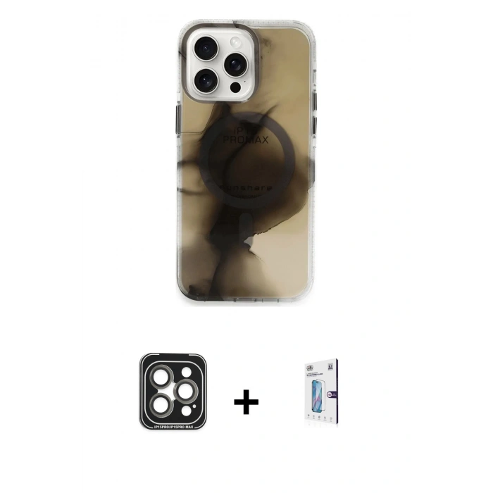 MARSİLYAN™- iPhone 15 Pro Max Kılıf Ufuk Doku Prime - Siyah Bilvis 0.18mm Plus Cam Ekran Koruyucu + PVD Metal Kamera Lens - GI