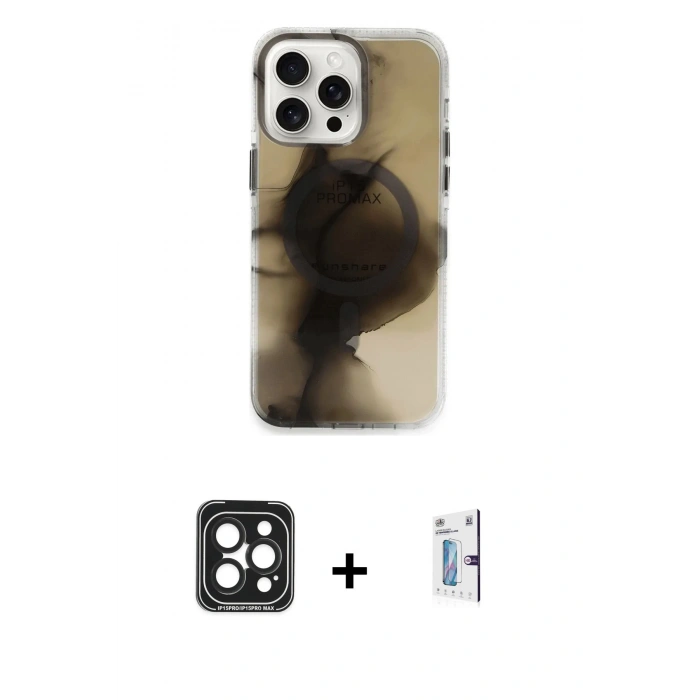 MARSİLYAN™- iPhone 15 Pro Max Kılıf Ufuk Doku Prime - Siyah Bilvis 0.18mm Plus Cam Ekran Koruyucu + PVD Metal Kamera Lens - SH