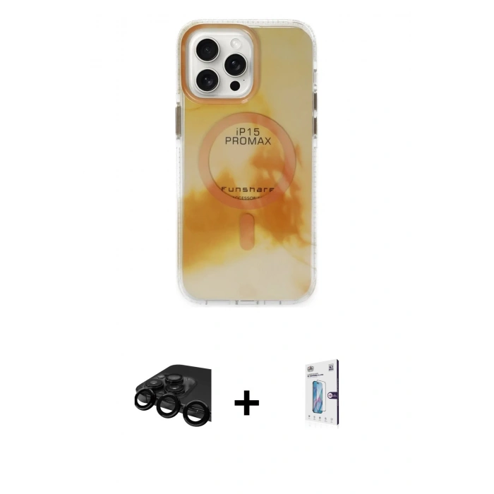 MARSİLYAN™- iPhone 15 Pro Max Kılıf Ufuk Doku Prime - Siyah Bilvis 0.18mm Plus Cam Ekran Koruyucu + Raze Metal Kamera Lens - SH