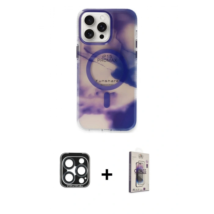 MARSİLYAN™- iPhone 15 Pro Max Kılıf Ufuk Doku Prime - Siyah Bilvis 3D Cam Ekran Koruyucu + PVD Metal Kamera Lens - LT