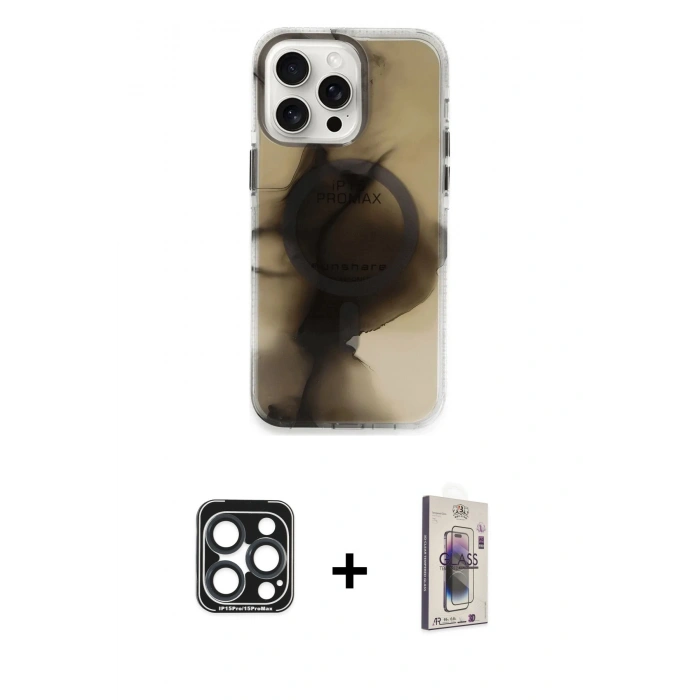 MARSİLYAN™- iPhone 15 Pro Max Kılıf Ufuk Doku Prime - Siyah Bilvis 3D Cam Ekran Koruyucu + PVD Metal Kamera Lens - LT