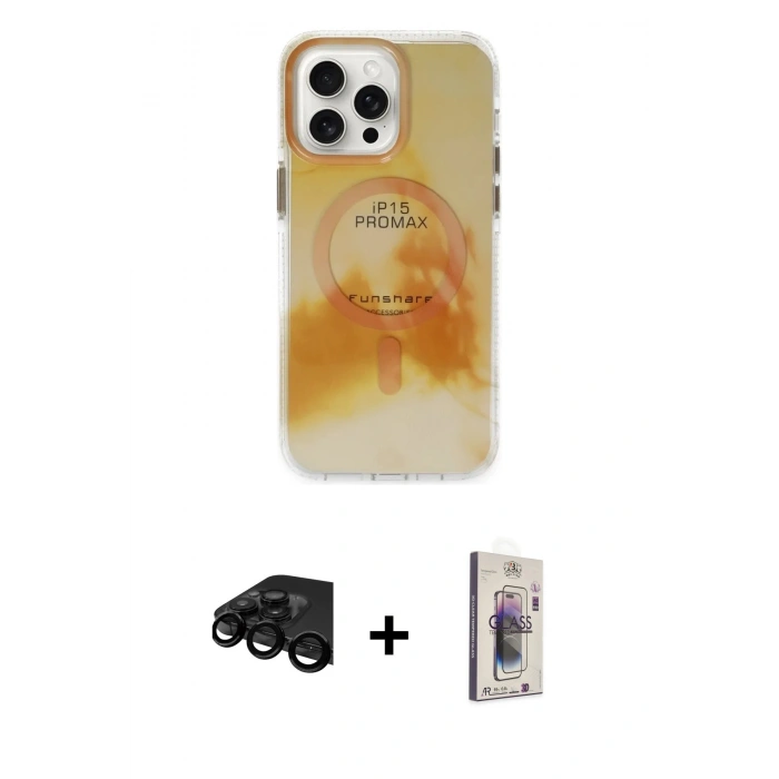 MARSİLYAN™- iPhone 15 Pro Max Kılıf Ufuk Doku Prime - Siyah Bilvis 3D Cam Ekran Koruyucu + Raze Metal Kamera Lens - SH