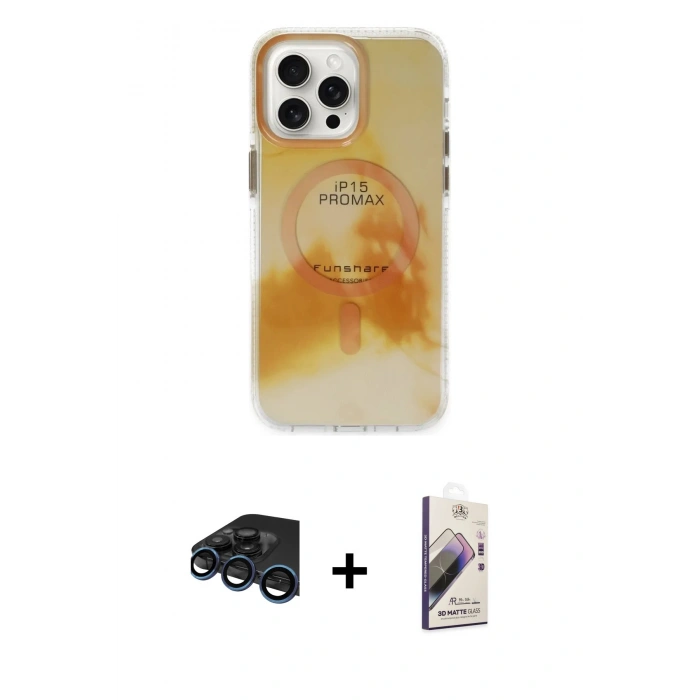MARSİLYAN™- iPhone 15 Pro Max Kılıf Ufuk Doku Prime - Siyah Bilvis 3D Mat Cam Ekran Koruyucu + Raze Metal Kamera Lens - LT