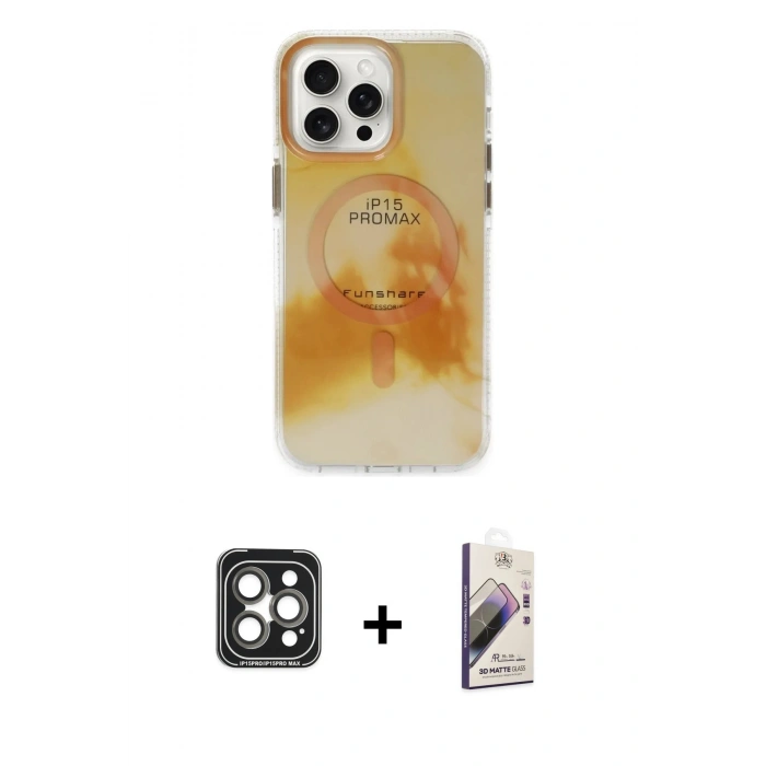 MARSİLYAN™- iPhone 15 Pro Max Kılıf Ufuk Doku Prime - Siyah Bilvis 3D Mat Cam Ekran Koruyucu + PVD Metal Kamera Lens - GI
