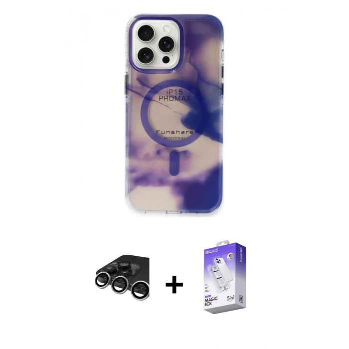 MARSİLYAN™- iPhone 15 Pro Max Kılıf Ufuk Doku Prime - Siyah Bilvis 5in1 3D Magic Cam Ekran Koruyucu + Raze Metal Kamera Lens - GS