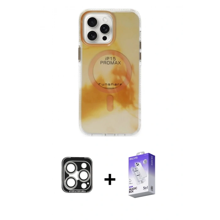 MARSİLYAN™- iPhone 15 Pro Max Kılıf Ufuk Doku Prime - Siyah Bilvis 5in1 3D Magic Cam Ekran Koruyucu + PVD Metal Kamera Lens - GS