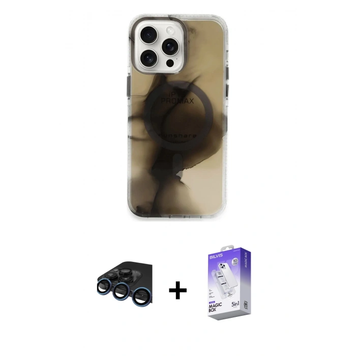 MARSİLYAN™- iPhone 15 Pro Max Kılıf Ufuk Doku Prime - Siyah Bilvis 5in1 3D Magic Cam Ekran Koruyucu + Lacivert Raze Metal Kamera Lens