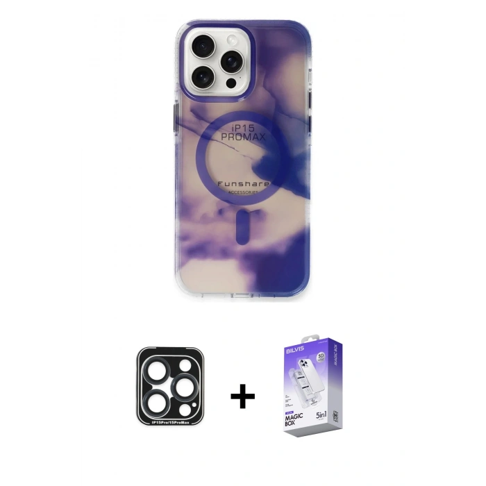 MARSİLYAN™- iPhone 15 Pro Max Kılıf Ufuk Doku Prime - Siyah Bilvis 5in1 3D Magic Cam Ekran Koruyucu + PVD Metal Kamera Lens - LT