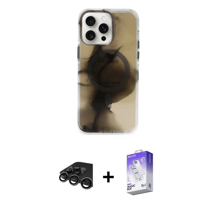 MARSİLYAN™- iPhone 15 Pro Max Kılıf Ufuk Doku Prime - Siyah Bilvis 5in1 3D Magic Cam Ekran Koruyucu + Raze Metal Kamera Lens - TMGI