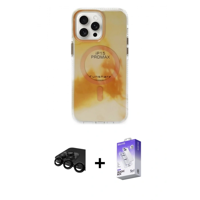 MARSİLYAN™- iPhone 15 Pro Max Kılıf Ufuk Doku Prime - Siyah Bilvis 5in1 3D Magic Cam Ekran Koruyucu + Raze Metal Kamera Lens - SH