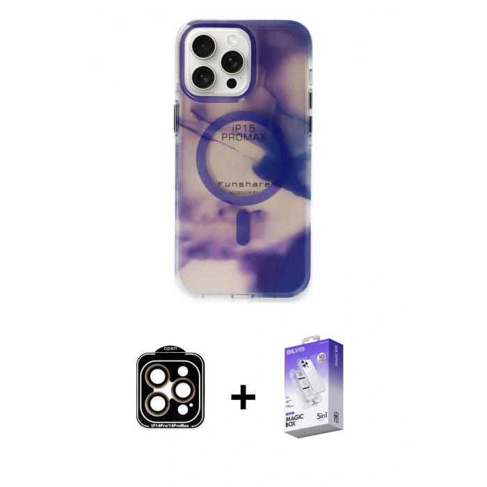 MARSİLYAN™- iPhone 15 Pro Max Kılıf Ufuk Doku Prime - Siyah Bilvis 5in1 3D Magic Cam Ekran Koruyucu + PVD Metal Kamera Lens - TU