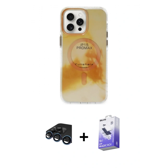 MARSİLYAN™- iPhone 15 Pro Max Kılıf Ufuk Doku Prime - Siyah Bilvis 5in1 5D Magic Hayalet Cam Ekran Koruyucu + Lacivert Raze Metal Kamera Lens