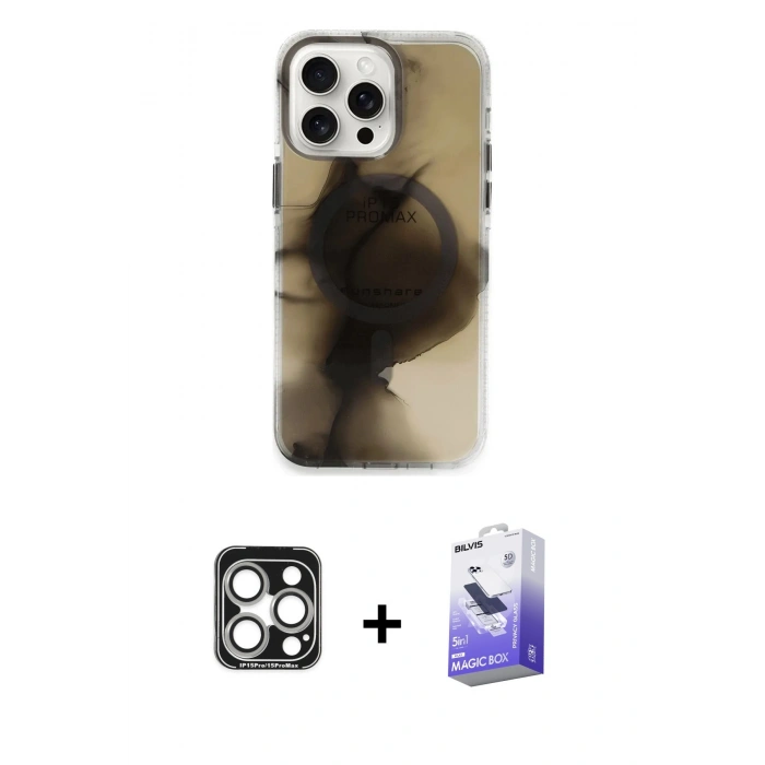 MARSİLYAN™- iPhone 15 Pro Max Kılıf Ufuk Doku Prime - Siyah Bilvis 5in1 5D Magic Hayalet Cam Ekran Koruyucu + PVD Metal Kamera Lens - GS