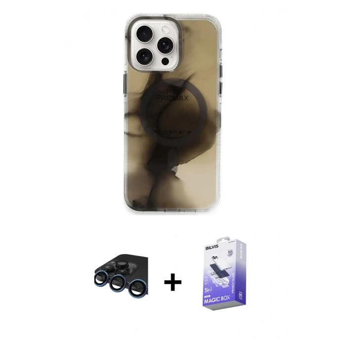 MARSİLYAN™- iPhone 15 Pro Max Kılıf Ufuk Doku Prime - Siyah Bilvis 5in1 5D Magic Hayalet Cam Ekran Koruyucu + Lacivert Raze Metal Kamera Lens