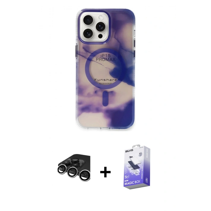 MARSİLYAN™- iPhone 15 Pro Max Kılıf Ufuk Doku Prime - Siyah Bilvis 5in1 5D Magic Hayalet Cam Ekran Koruyucu + Raze Metal Kamera Lens - GS