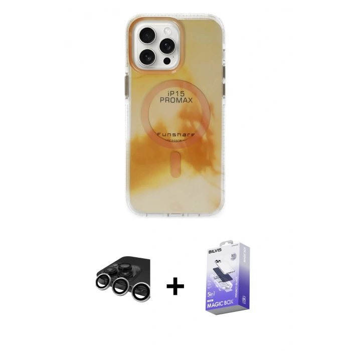 MARSİLYAN™- iPhone 15 Pro Max Kılıf Ufuk Doku Prime - Siyah Bilvis 5in1 5D Magic Hayalet Cam Ekran Koruyucu + Raze Metal Kamera Lens - GS