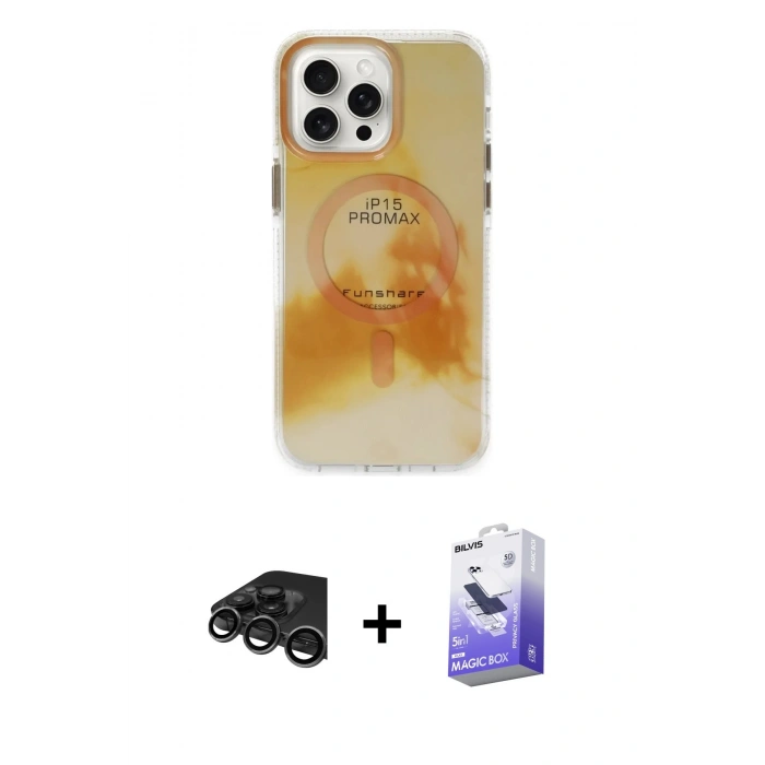 MARSİLYAN™- iPhone 15 Pro Max Kılıf Ufuk Doku Prime - Siyah Bilvis 5in1 5D Magic Hayalet Cam Ekran Koruyucu + Raze Metal Kamera Lens - TMGI