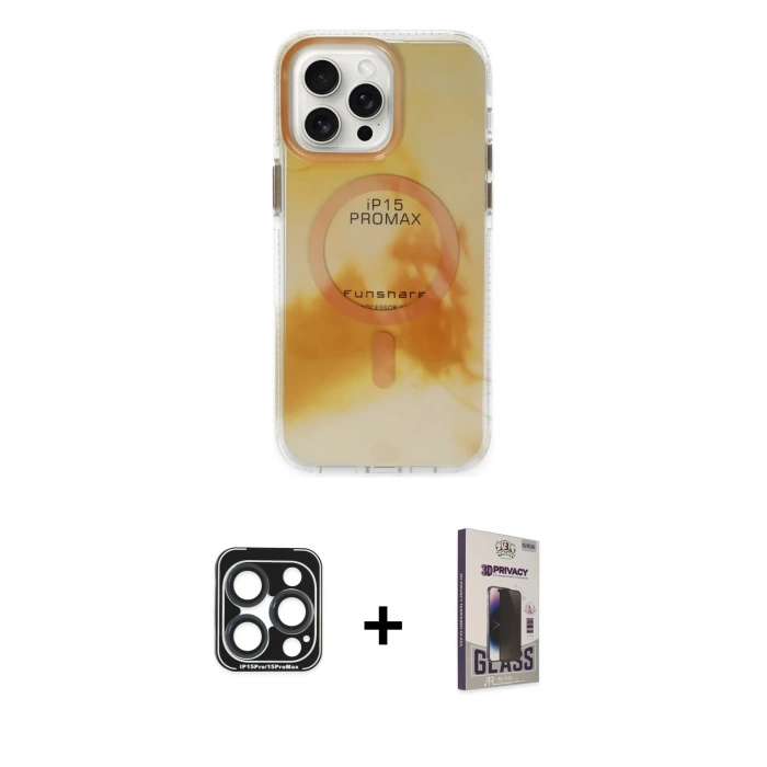 MARSİLYAN™- iPhone 15 Pro Max Kılıf Ufuk Doku Prime - Siyah Bilvis Hayalet Cam Ekran Koruyucu + PVD Metal Kamera Lens - LT