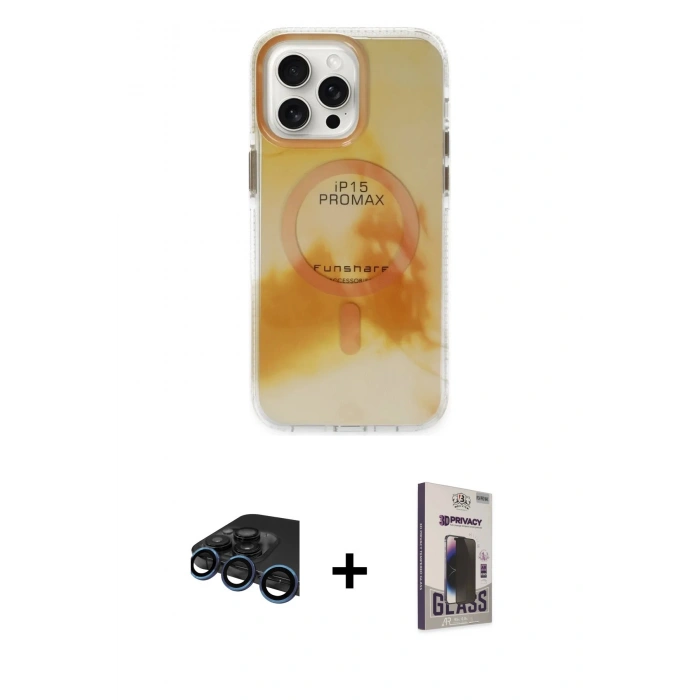 MARSİLYAN™- iPhone 15 Pro Max Kılıf Ufuk Doku Prime - Siyah Bilvis Hayalet Cam Ekran Koruyucu + Raze Metal Kamera Lens - LT