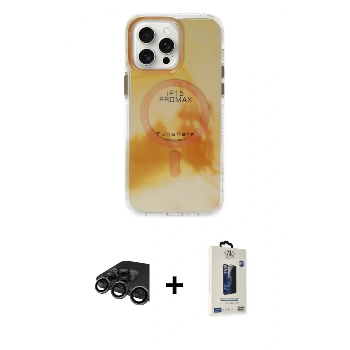 MARSİLYAN™- iPhone 15 Pro Max Kılıf Ufuk Doku Prime - Siyah Bilvis Hayalet Cam Ekran Koruyucu + Raze Metal Kamera Lens - TMGI