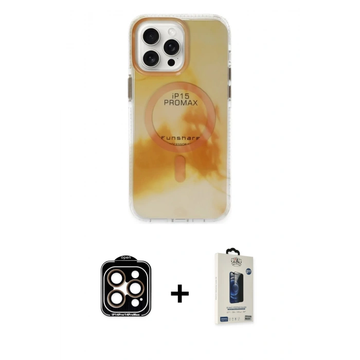 MARSİLYAN™- iPhone 15 Pro Max Kılıf Ufuk Doku Prime - Siyah Bilvis Hayalet Cam Ekran Koruyucu + PVD Metal Kamera Lens - TU