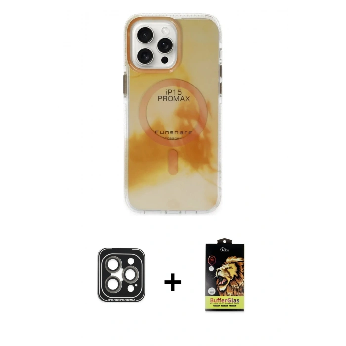 MARSİLYAN™- iPhone 15 Pro Max Kılıf Ufuk Doku Prime - Siyah Buffer Cam Ekran Koruyucu + PVD Metal Kamera Lens - GI