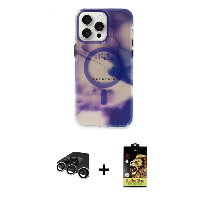 MARSİLYAN™- iPhone 15 Pro Max Kılıf Ufuk Doku Prime - Siyah Buffer Cam Ekran Koruyucu + Raze Metal Kamera Lens - GS