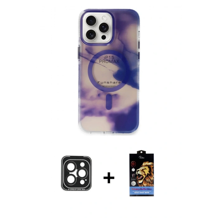 MARSİLYAN™- iPhone 15 Pro Max Kılıf Ufuk Doku Prime - Siyah Buffer Hayalet Cam Ekran Koruyucu + PVD Metal Kamera Lens - SH