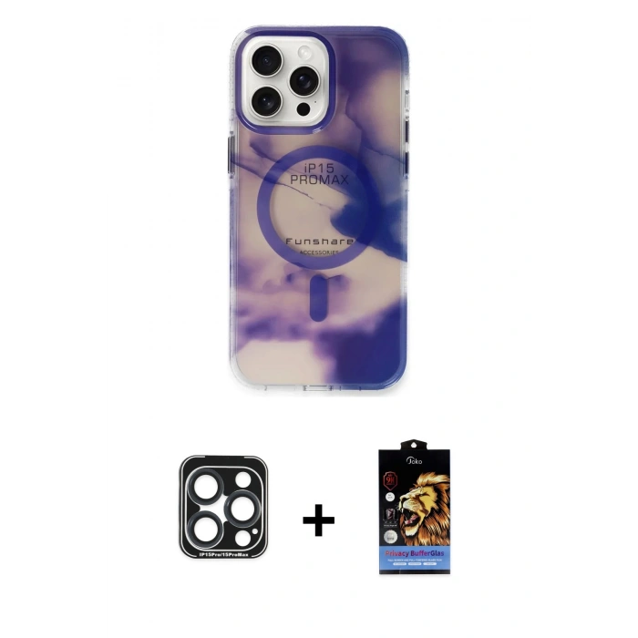 MARSİLYAN™- iPhone 15 Pro Max Kılıf Ufuk Doku Prime - Siyah Buffer Hayalet Cam Ekran Koruyucu + PVD Metal Kamera Lens - LT