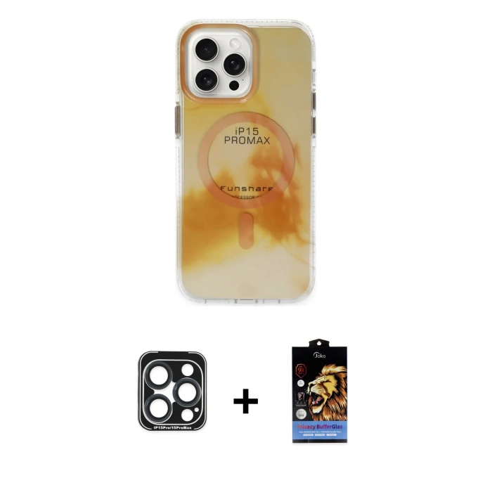 MARSİLYAN™- iPhone 15 Pro Max Kılıf Ufuk Doku Prime - Siyah Buffer Hayalet Cam Ekran Koruyucu + PVD Metal Kamera Lens - LT