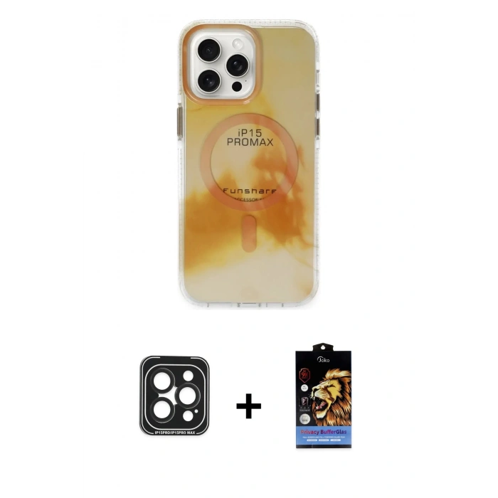 MARSİLYAN™- iPhone 15 Pro Max Kılıf Ufuk Doku Prime - Siyah Buffer Hayalet Cam Ekran Koruyucu + PVD Metal Kamera Lens - SH