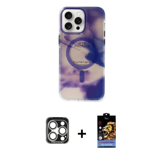 MARSİLYAN™- iPhone 15 Pro Max Kılıf Ufuk Doku Prime - Siyah Buffer Hayalet Cam Ekran Koruyucu + PVD Metal Kamera Lens - GS